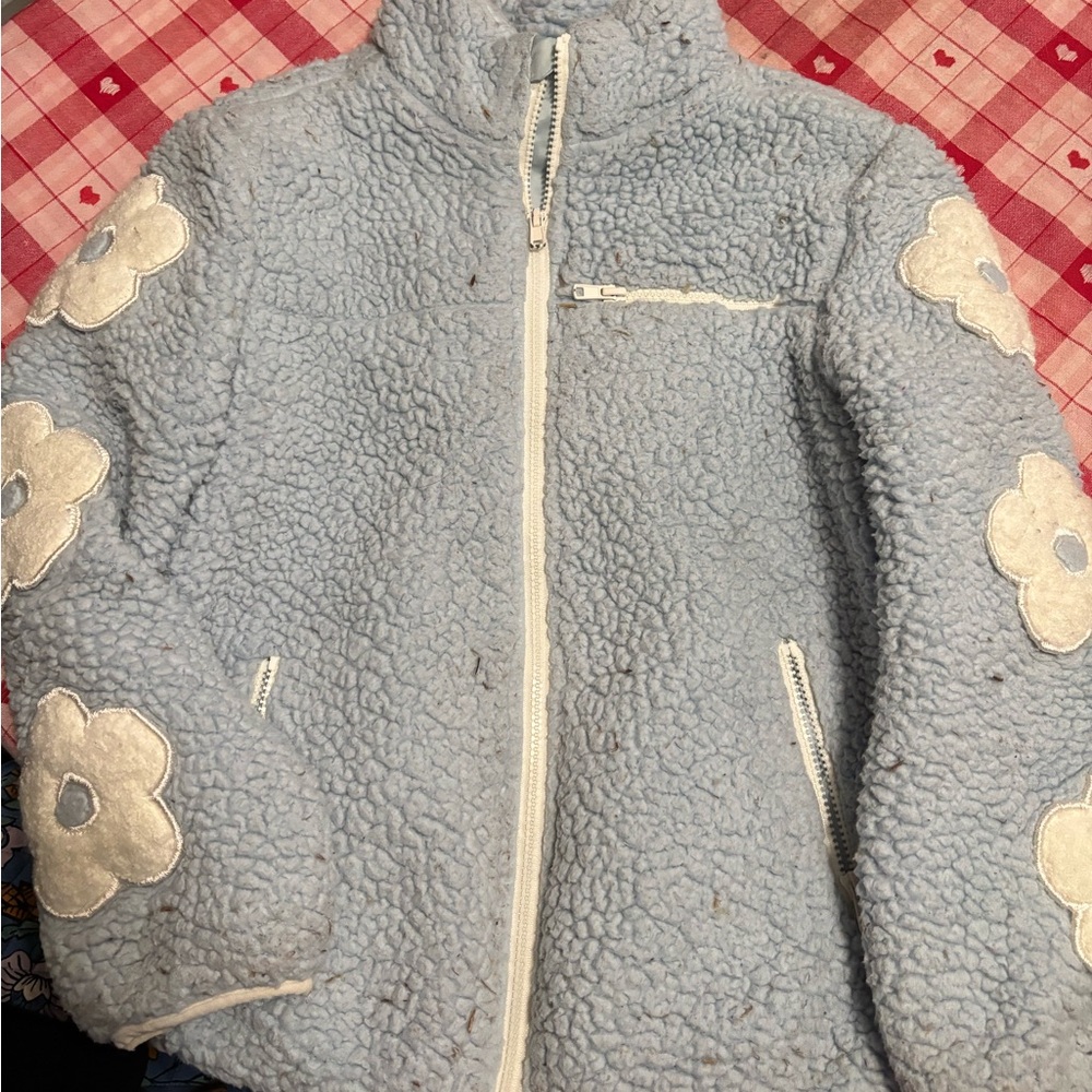 Charming Light Blue Kids Puffer Jacket with Floral Accents